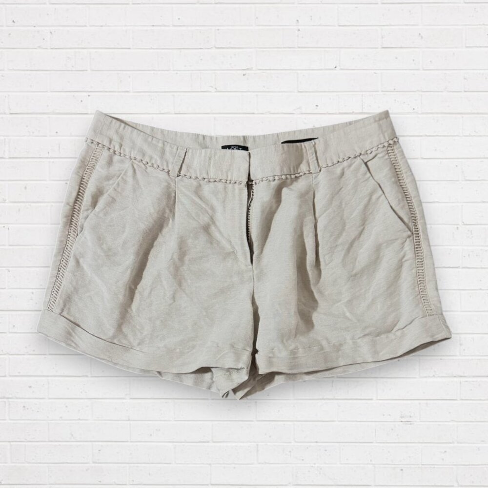 LOFT Beige Linen Pleated Chino Style Embroidered Trim Cuff Shorts 12